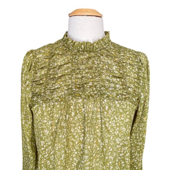 Maison d’ Amélie Boho Floral Green Shirred Ruffle Sheer Cottagecore Blouse-S - Picture 3 of 15